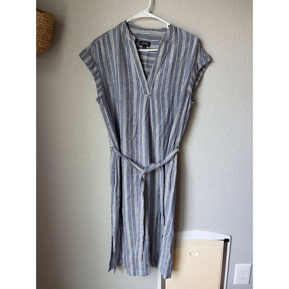 Jones New York Womens Blue White Striped Linen Blend Midi Dress Size 6 Belted